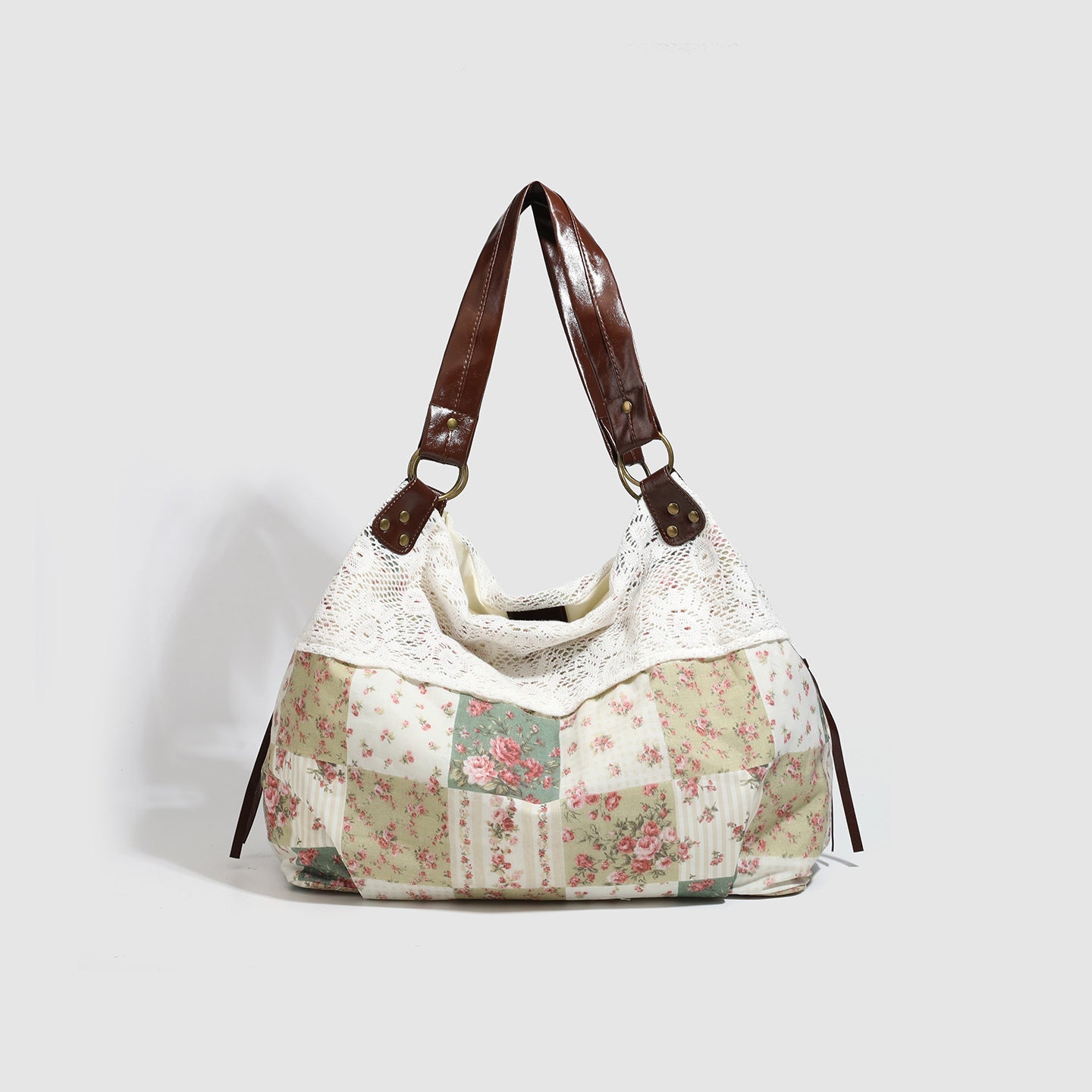 Womens Cotton Floral Patchwork Hollow-Out Shoulder Bag