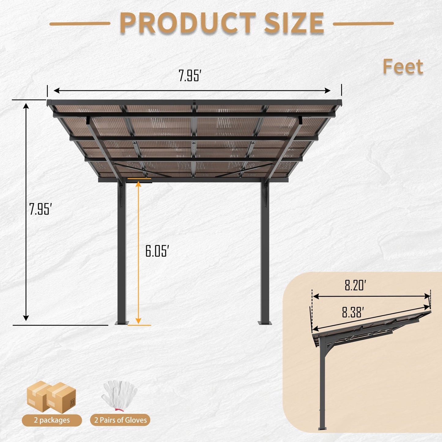 8x8FT Outdoor Carport with Galvanized Steel Frame and Sloped PC Roof