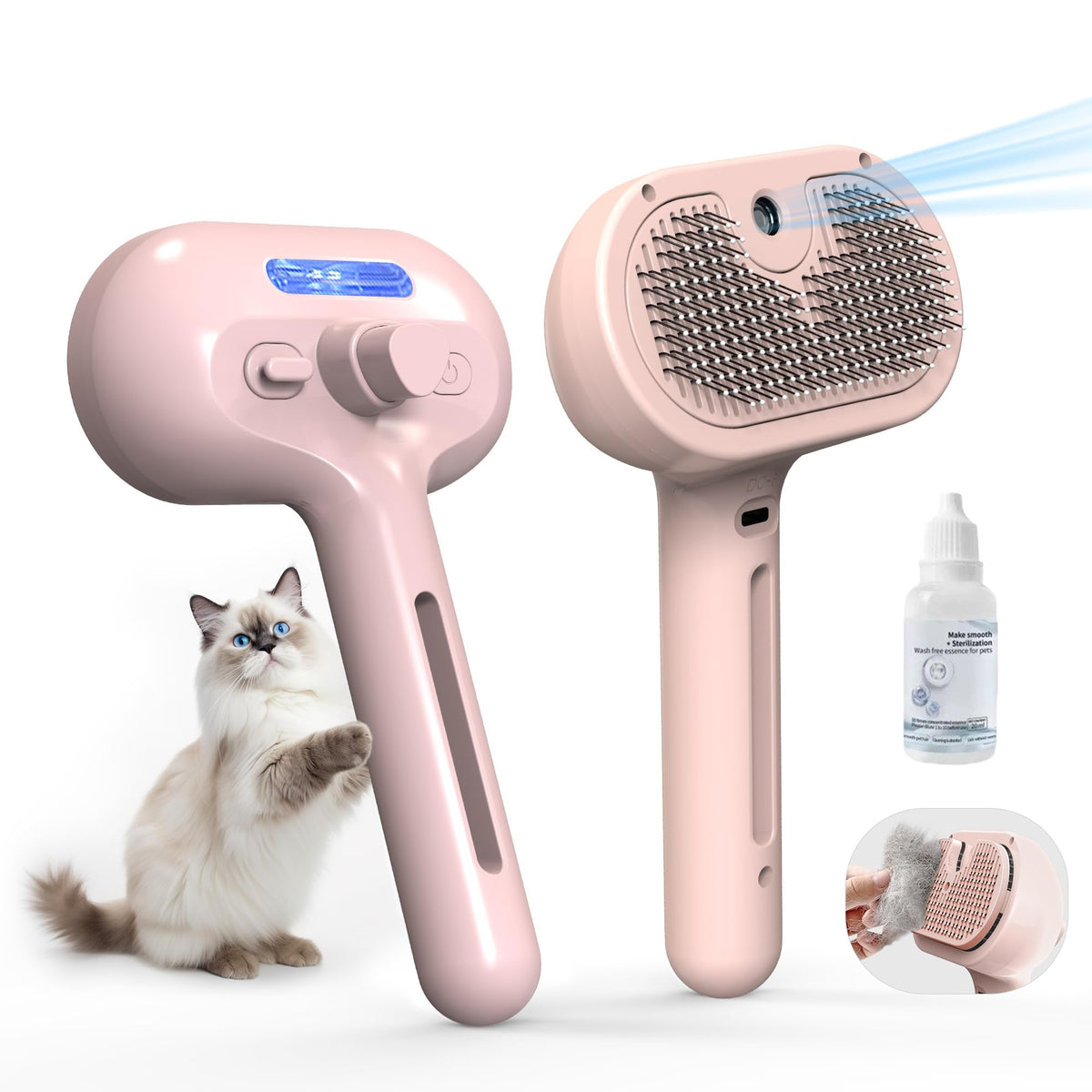 Pet Steam Brush For Cats & Dogs, Cool Mist Self-Cleaning Comb, White Cool Mist Pet Brush With Self-cleaning Hair Release, Stainless Steel Bristles And Grooming Essence For Cats And Dogs