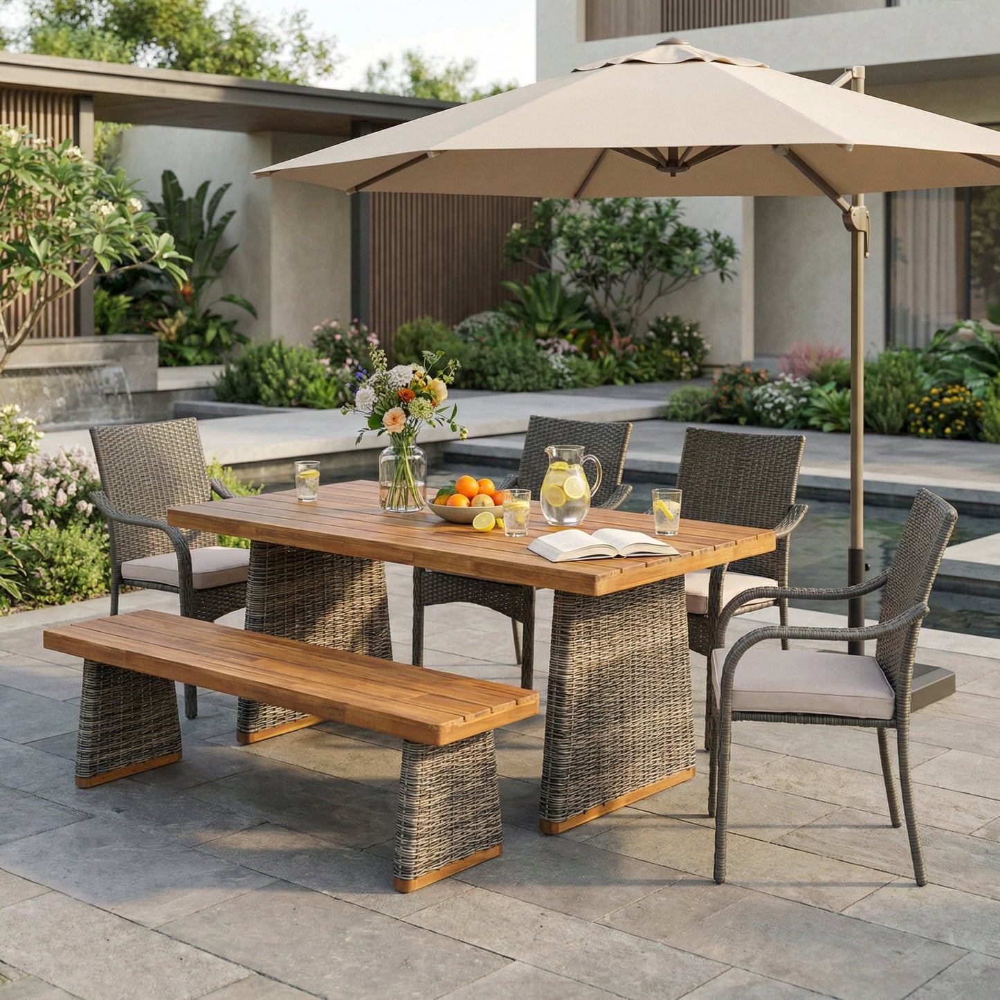 6 Pcs Outdoor Acacia Wood Dining Set with PE Rattan Stacking Chair