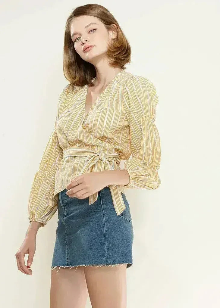 Smocked Sleeve Stripe Wrap V-Neck Blouse in Yellow | Femstylo