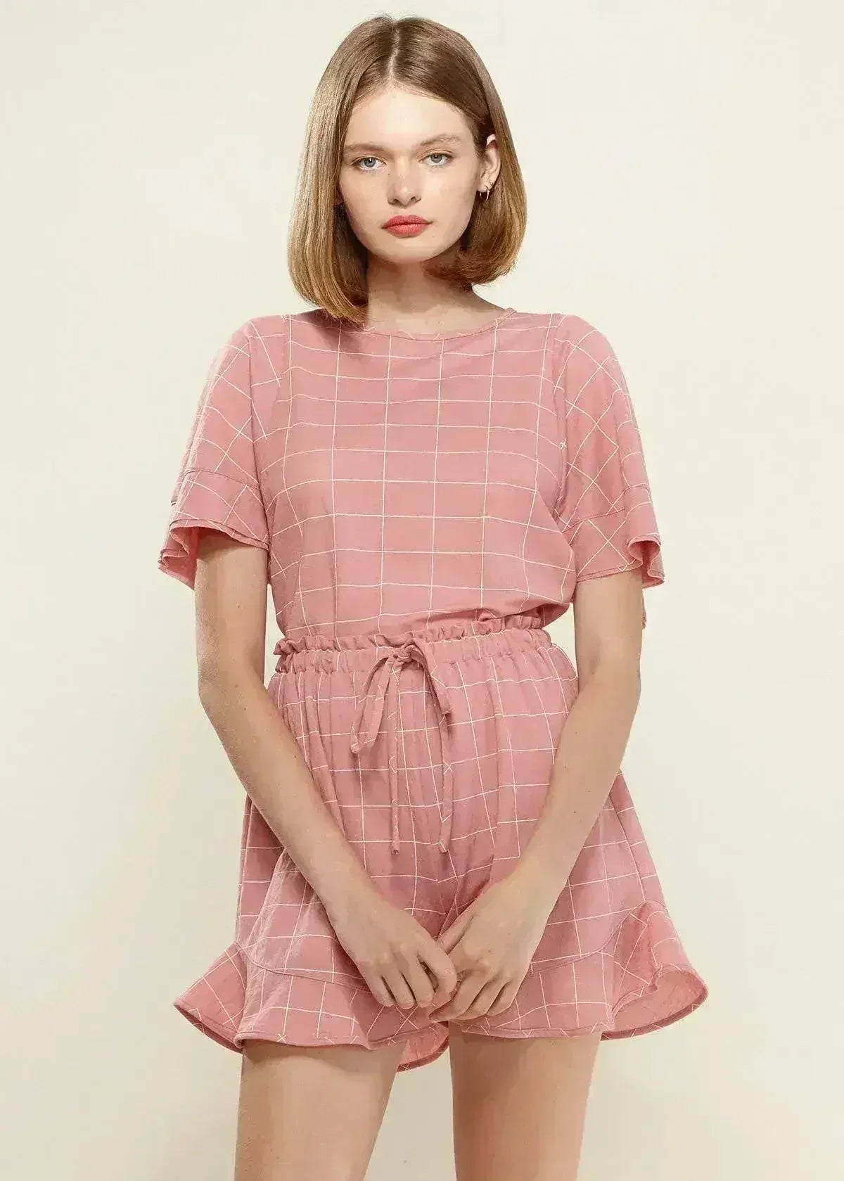 Women's Grid Print Crew Neck Blouse in Pink | Femstylo