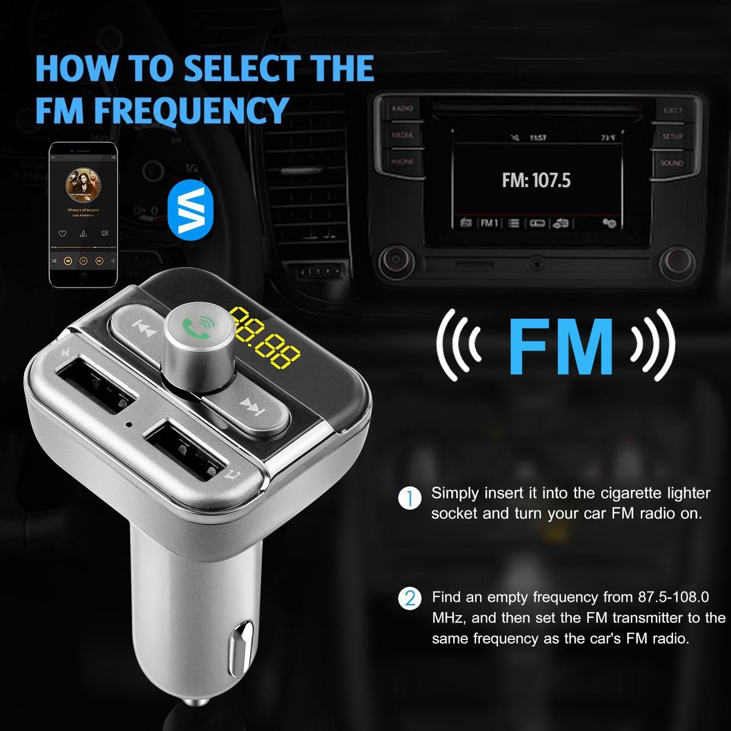 Car Wireless FM Transmitter 3.4A Dual USB Charge Hands-free Call Car MP3 Player TF Card USB Disk Reading