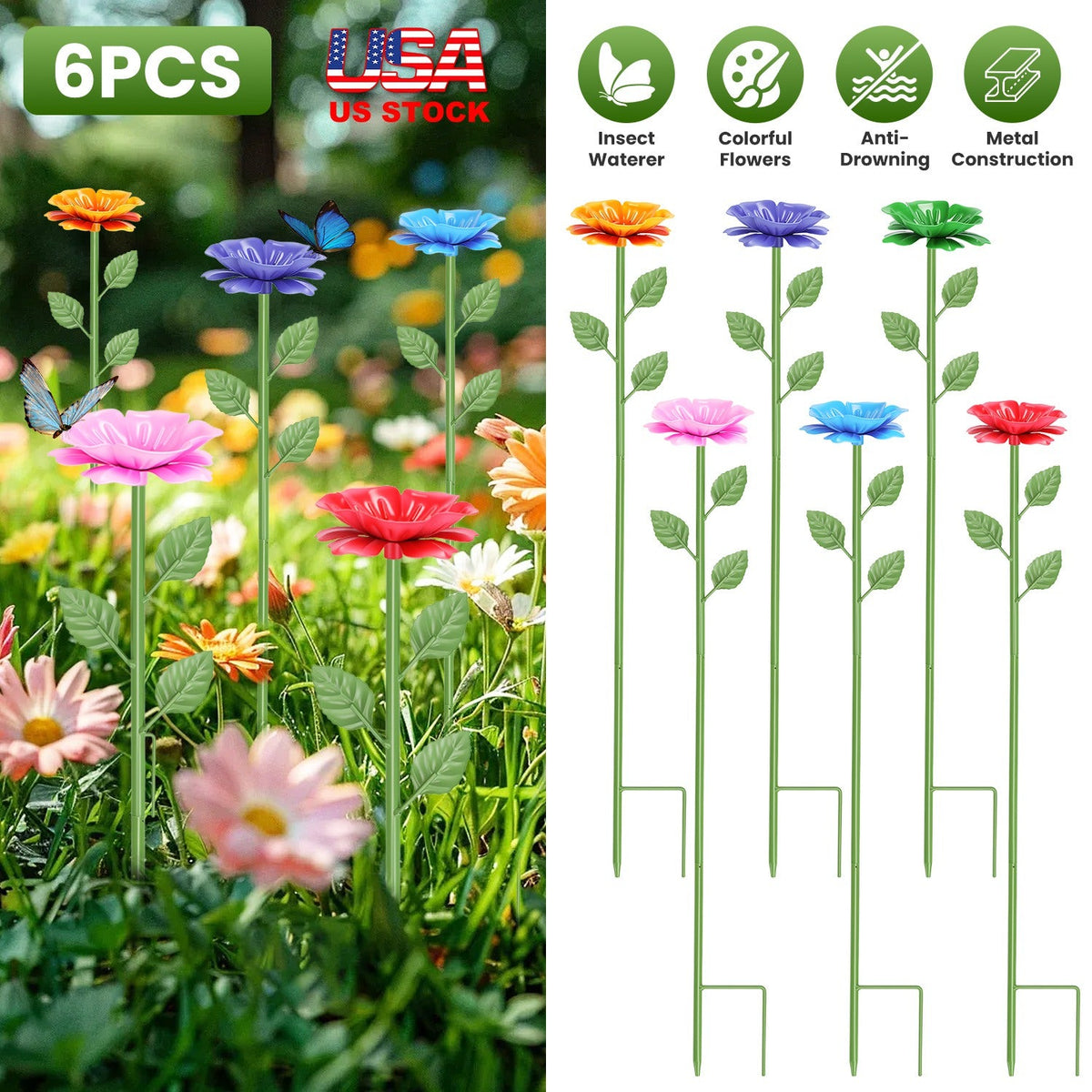 Metal Bee Watering Stations 6-Pack with Anti-Drowning Design