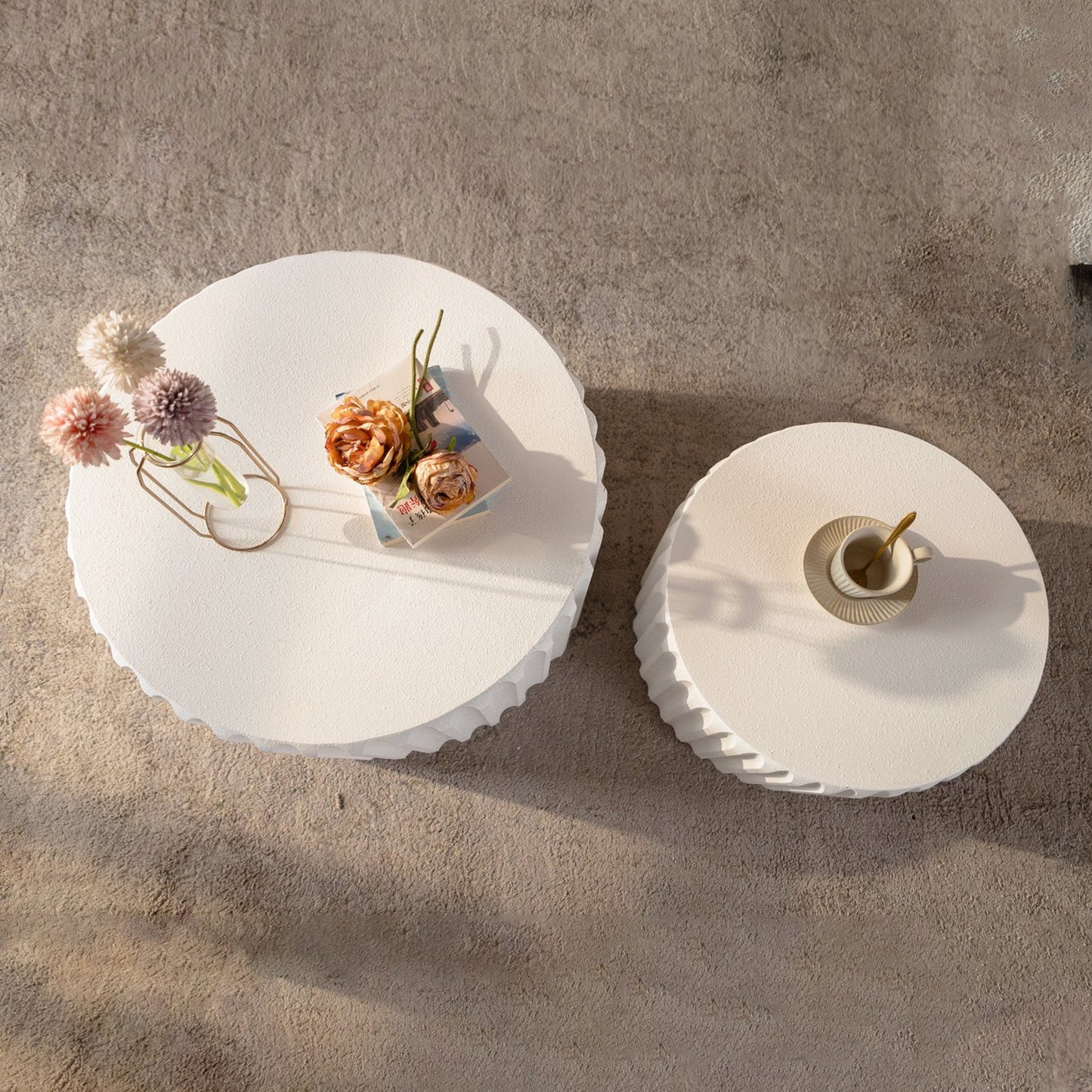 White Scalloped Round Coffee Table Set: Nesting Design, Elegant Curved-Edge Shape