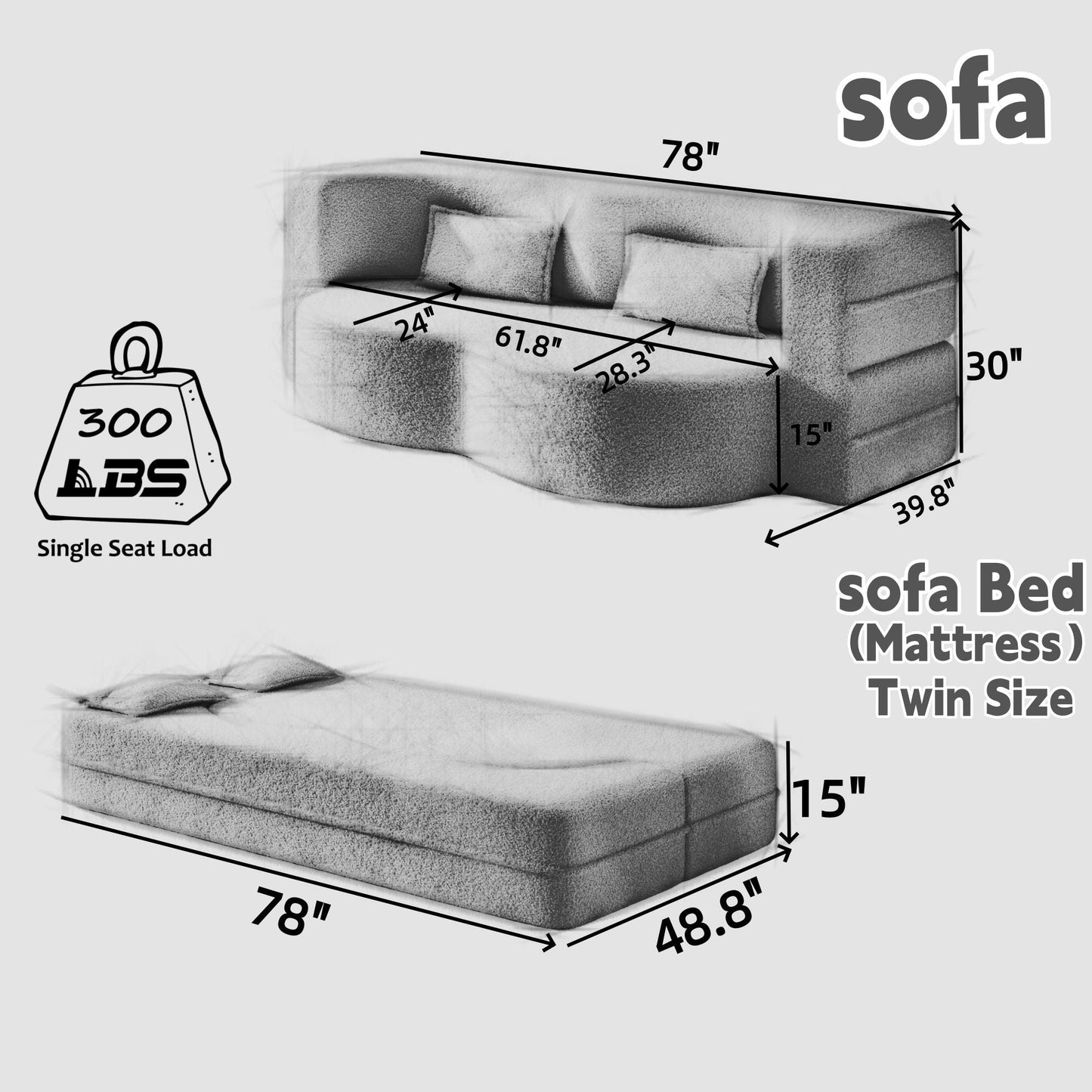 Modern Floor Sofa With 2 Pillows, Twin Size For Living Room