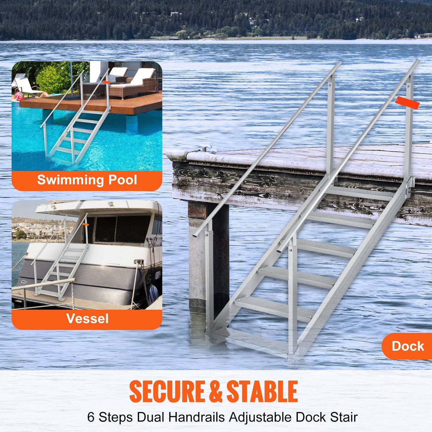 Dock Ladder, 43''-51'' Adjustable Height, 6 Steps with Dual Handrails