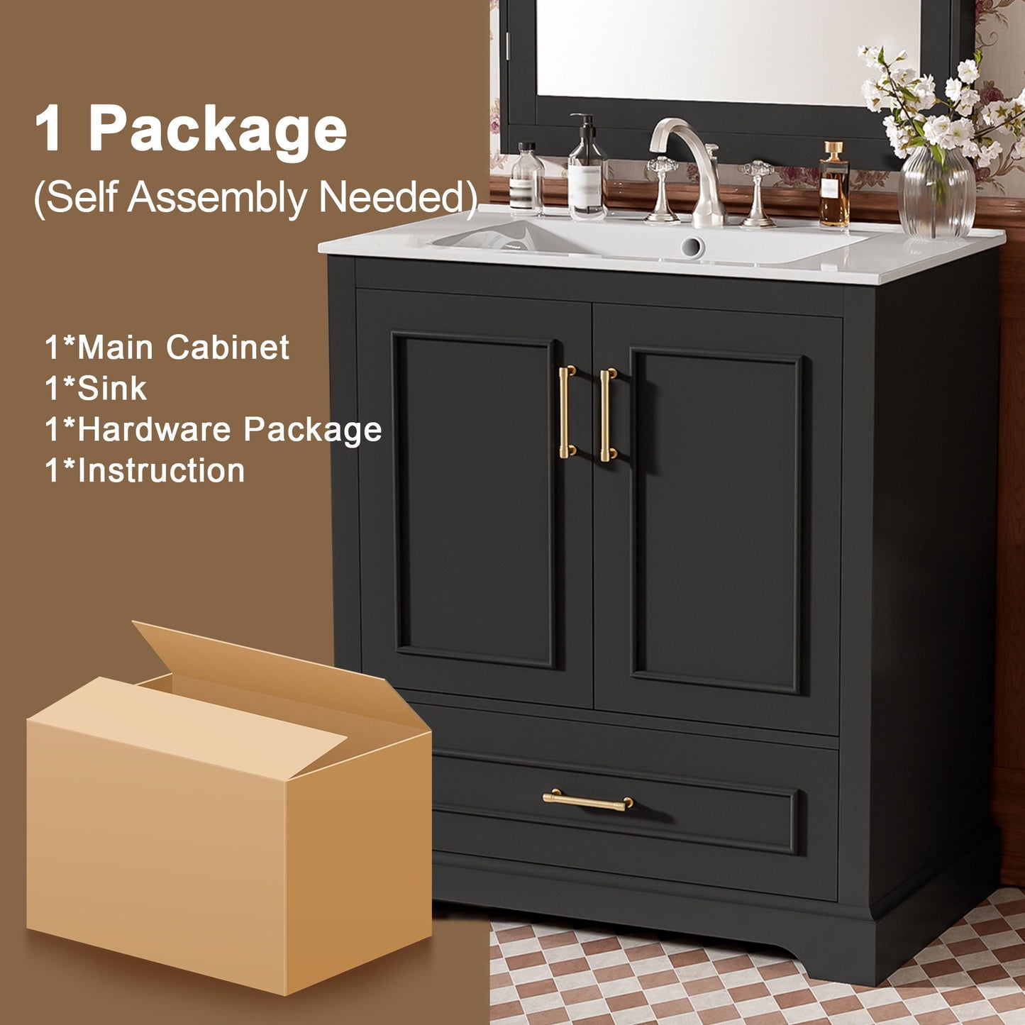 Bathroom Vanity With Sink, 1 Divided Drawer And 2 Soft Close Doors With Double Shelf