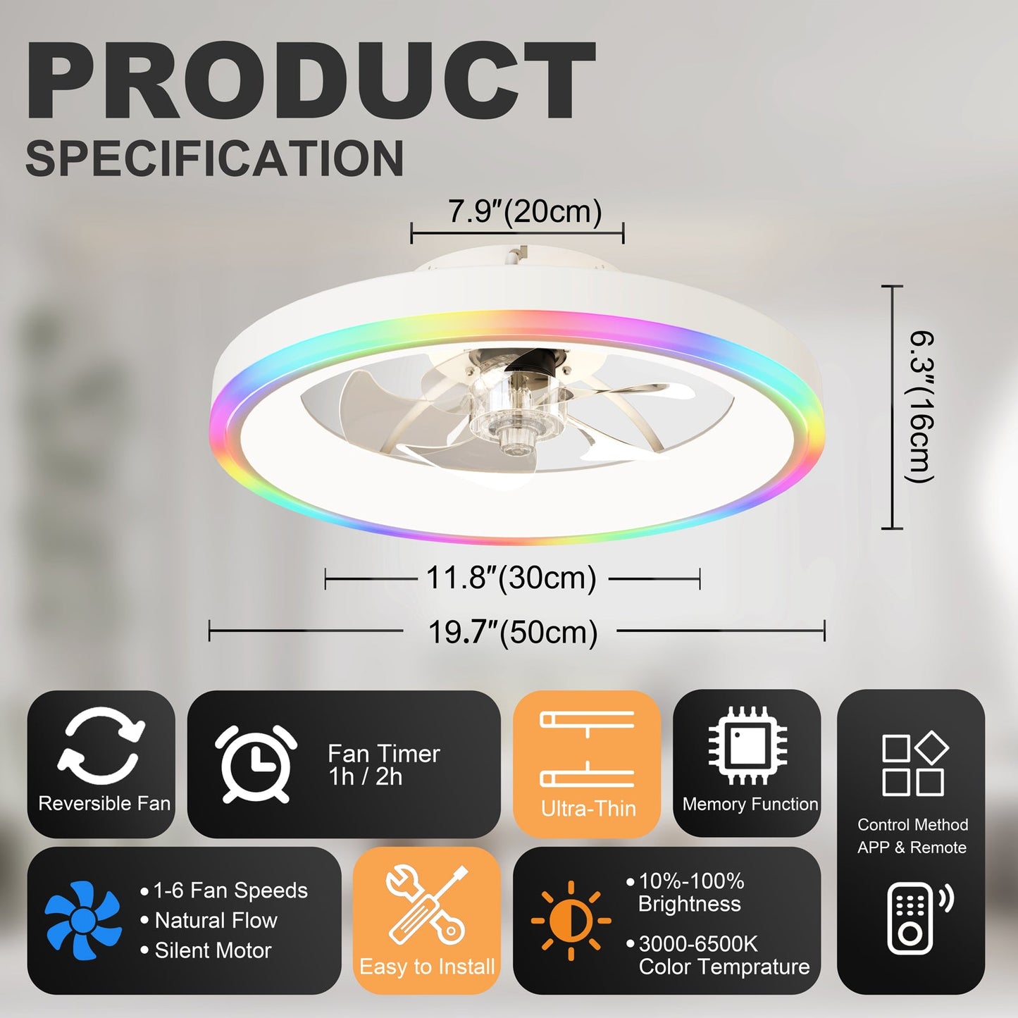 19.7" Modern RGB Ceiling Fan with Lights