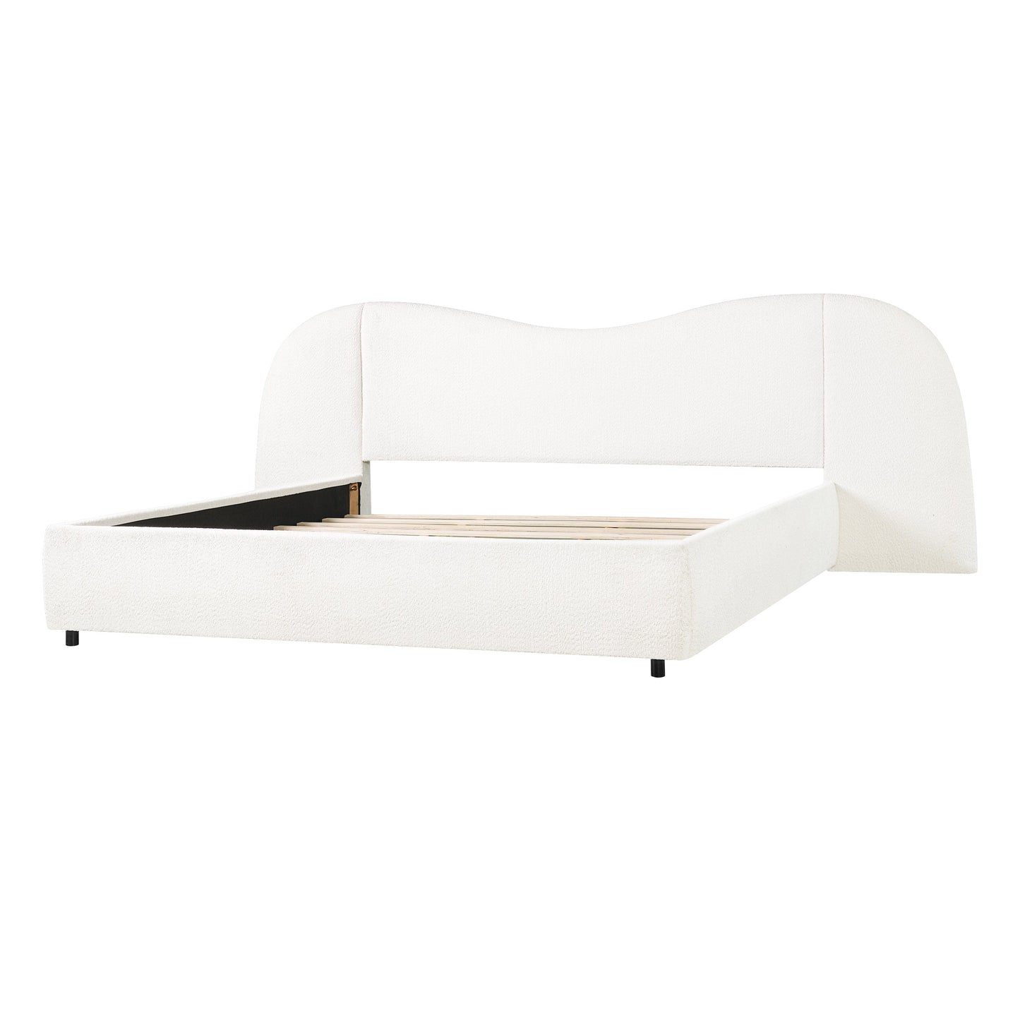King Size Upholstered Bed Frame With Boucle Fabric Curved And Wide Headboard