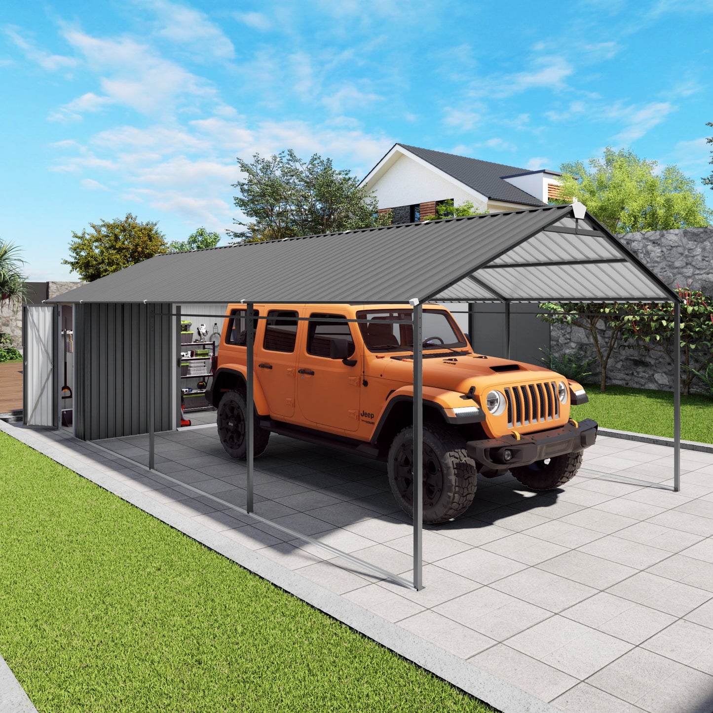 12x25 FT Galvanized Steel Carport with Shelter and Shed