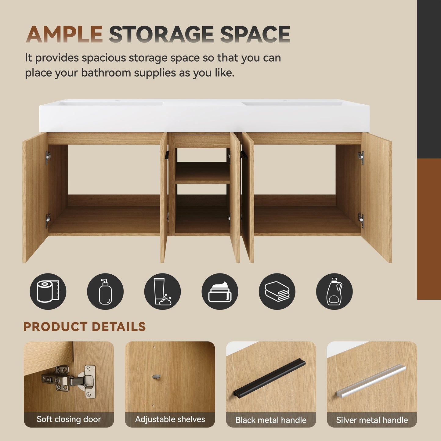 60" Floating Double Sink Bathroom Vanity with Extra-Large Storage