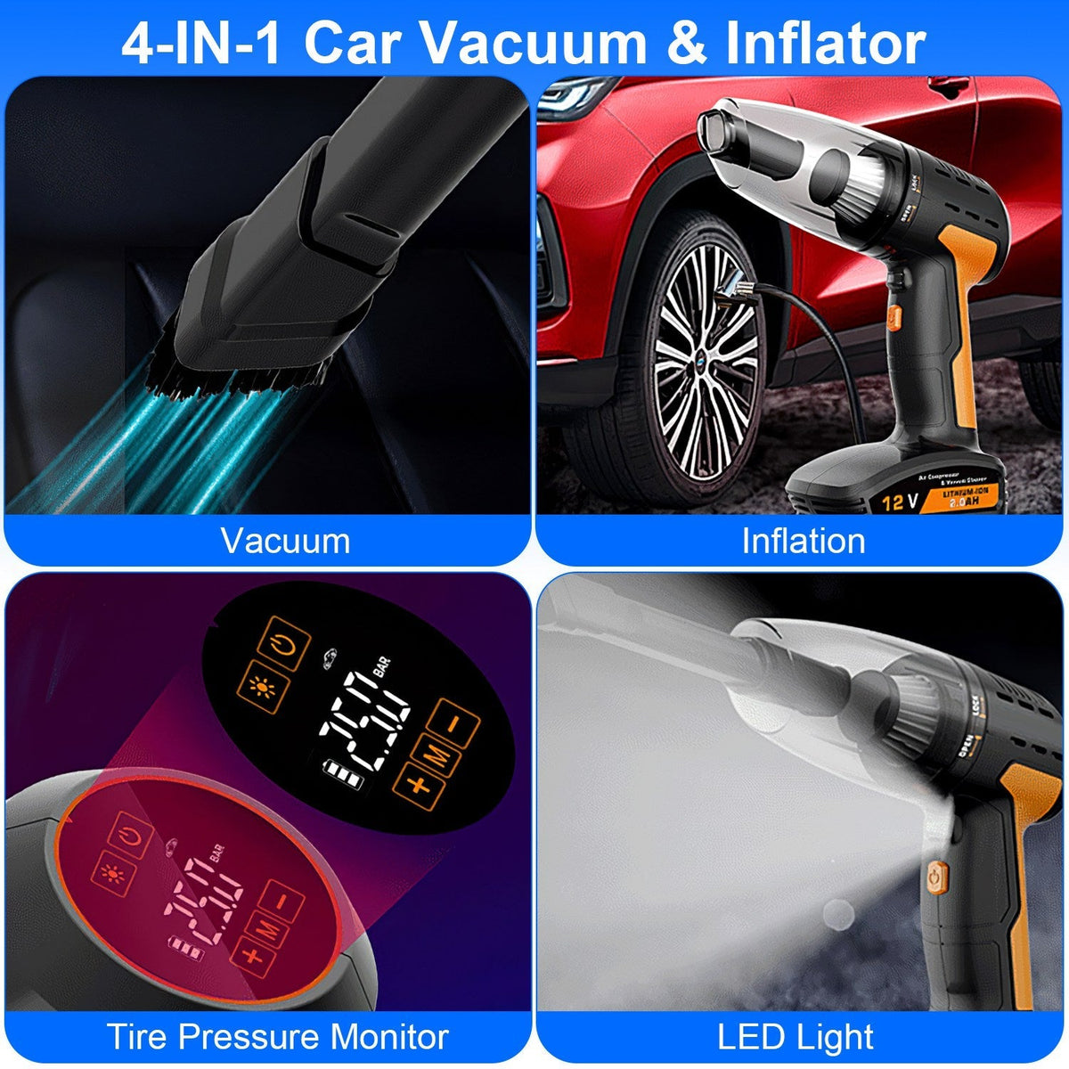 4 In 1 Cordless Car Vacuum Cleaner and Tire Inflator with LED Light Digital Display Tire Pressure Gauge 150PSI Rechargeable Air Compressor Pump Essent