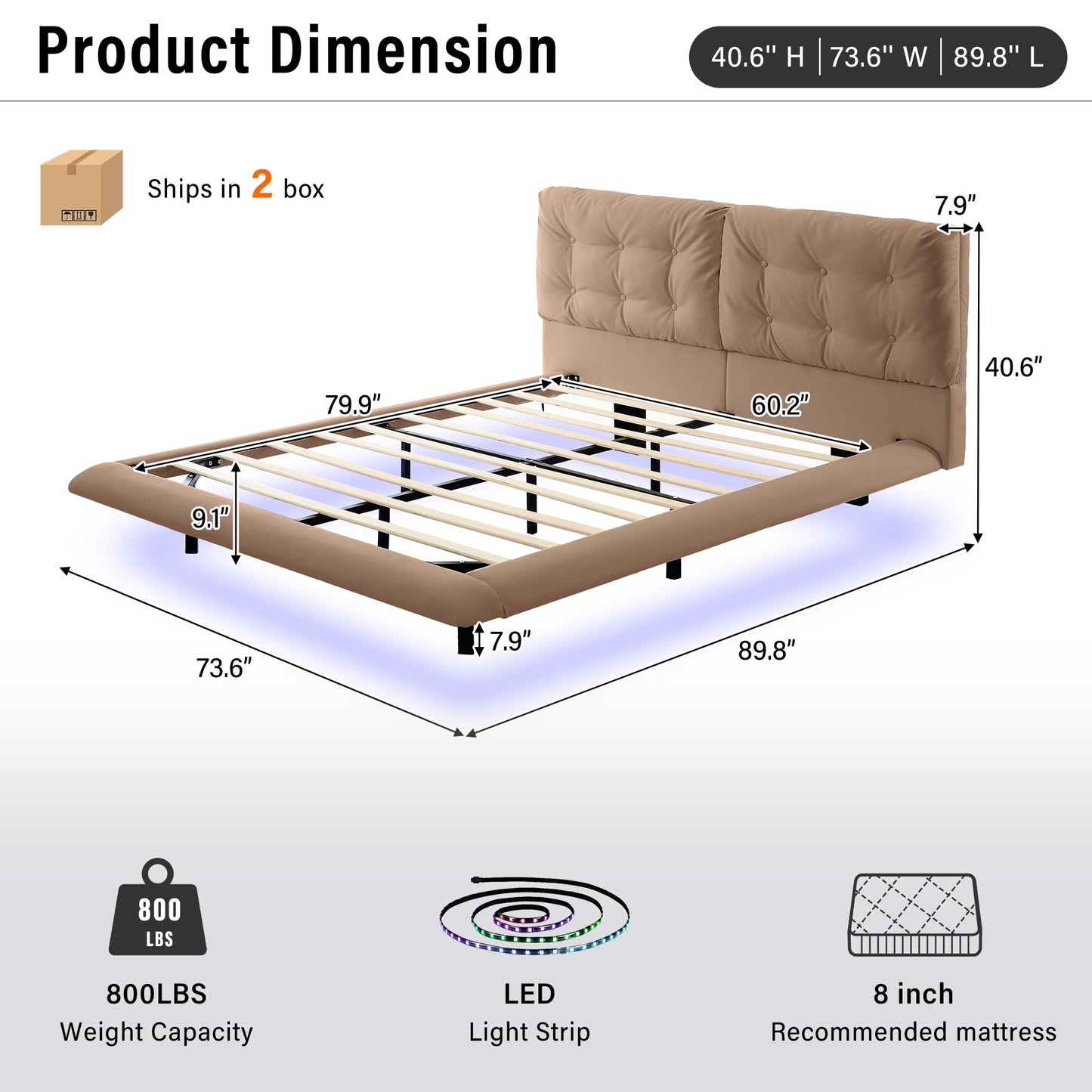 Queen Size Upholstered Floating Bed Frame with LED Lights, Khaki