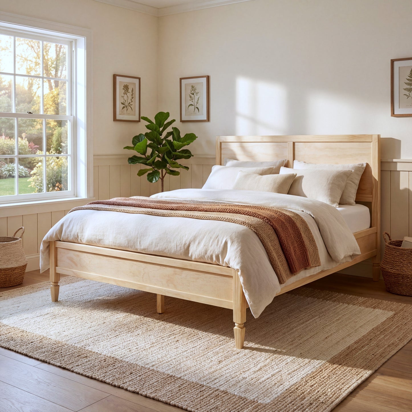 Queen Size Wood Platform Bed Frame with Classic Panel Headboard