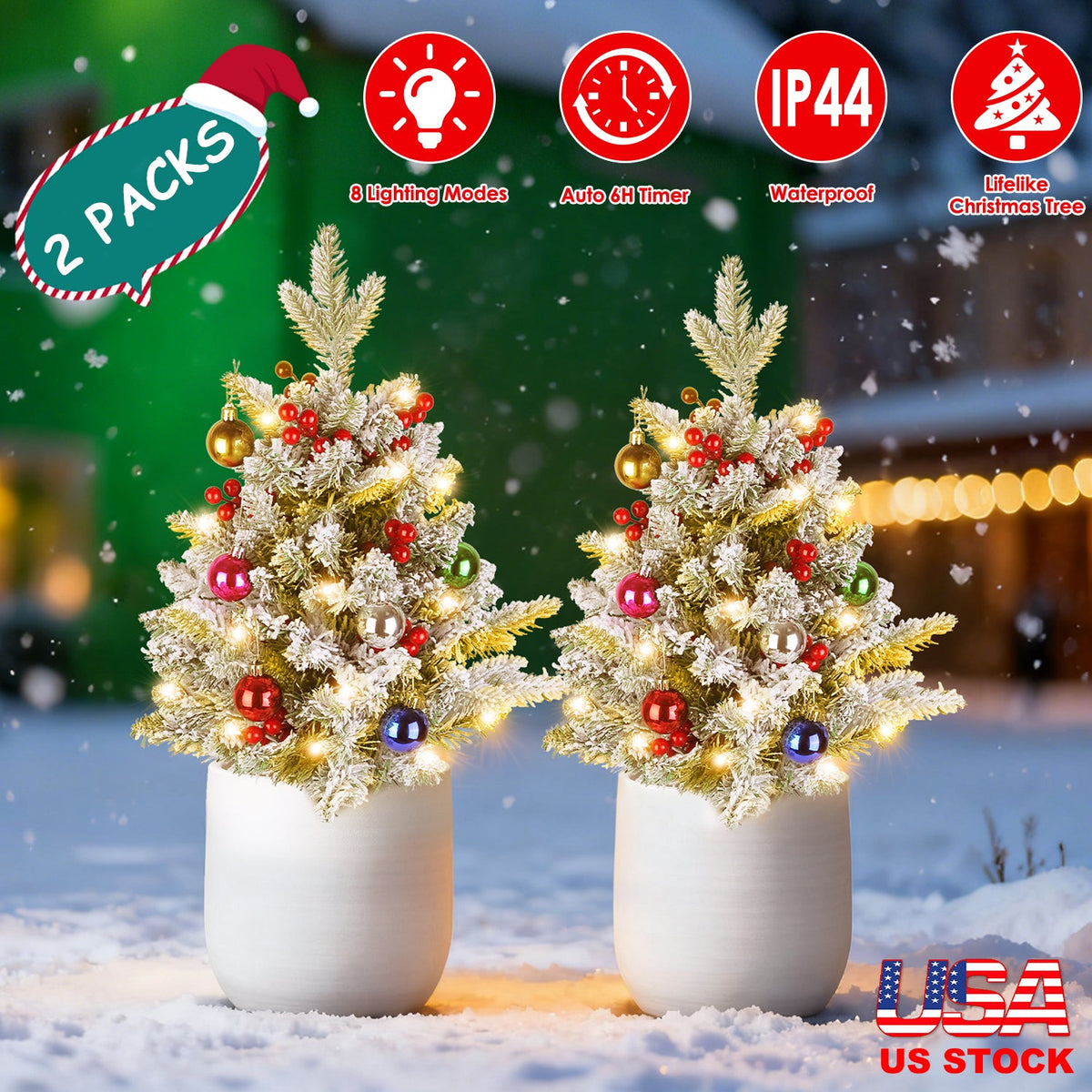 2Pcs Battery Powered Lighted Christmas Tree Urn Filler With Light Artificial Xmas Trees Light with Berries Balls LED Pathway Pine Tree IP44 Waterproof