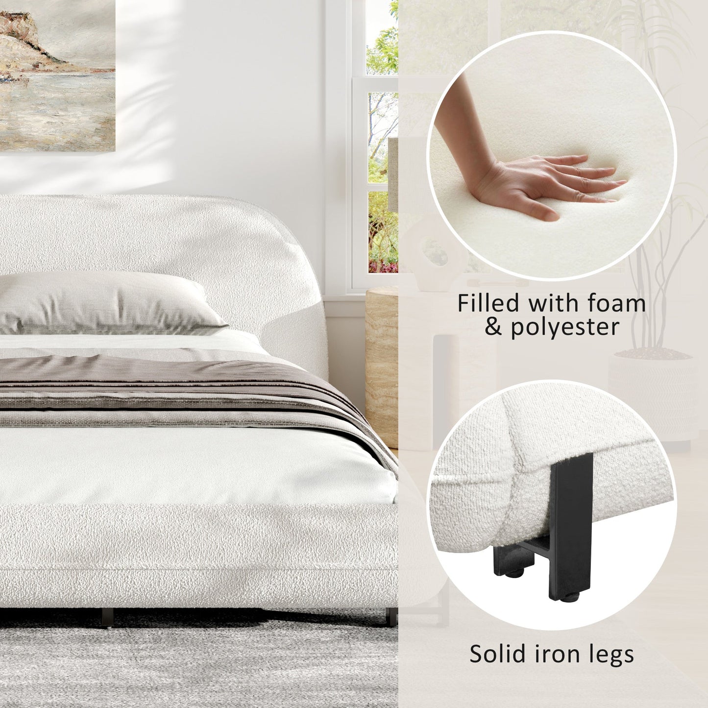 California King Size Bed Frame with Boucle Fabric and Thick Headboard