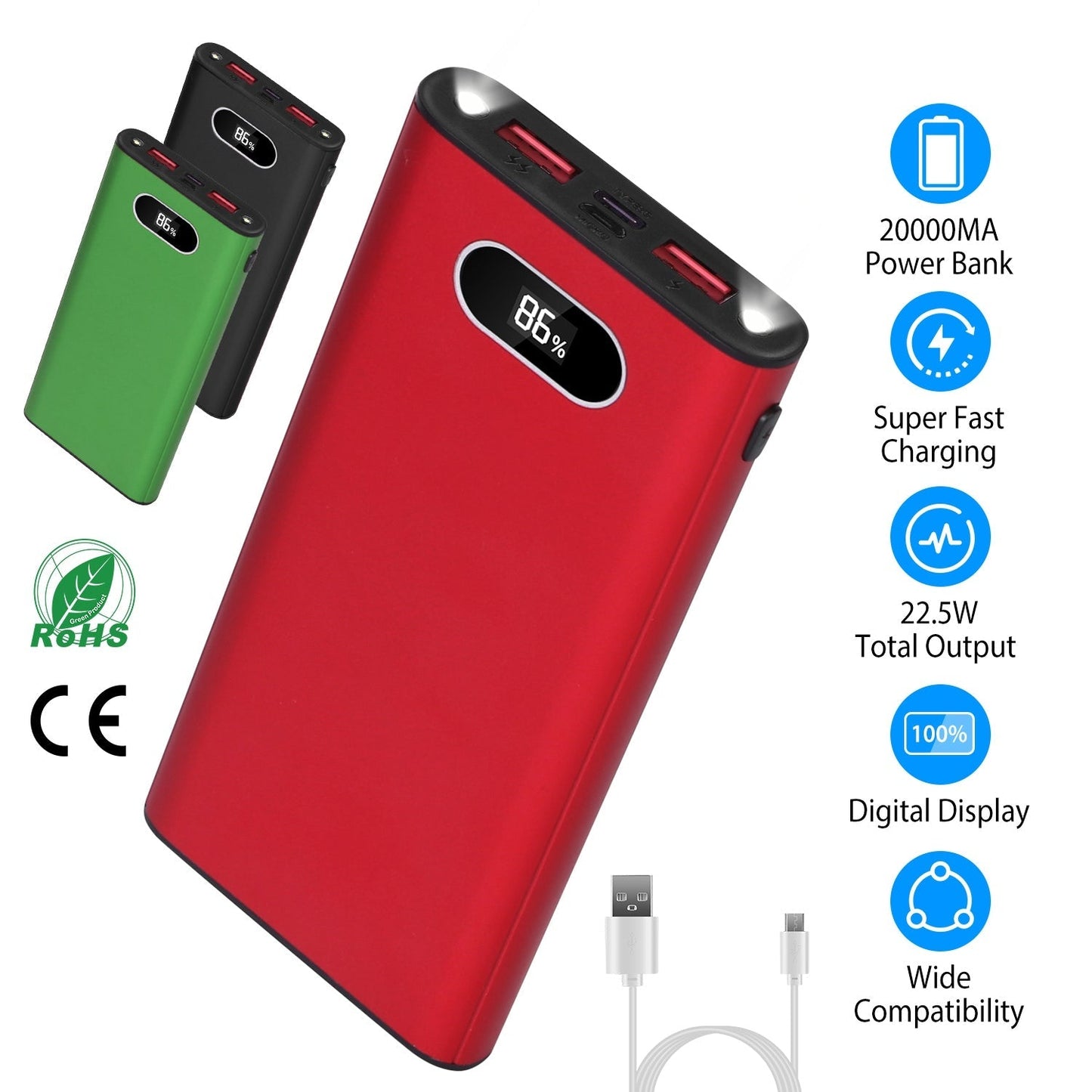 20000Mah Power Bank Portable Charger External Battery Pack 22.5W Super Fast Charging with LED Display Flashlight Fit for iPhone Samsung