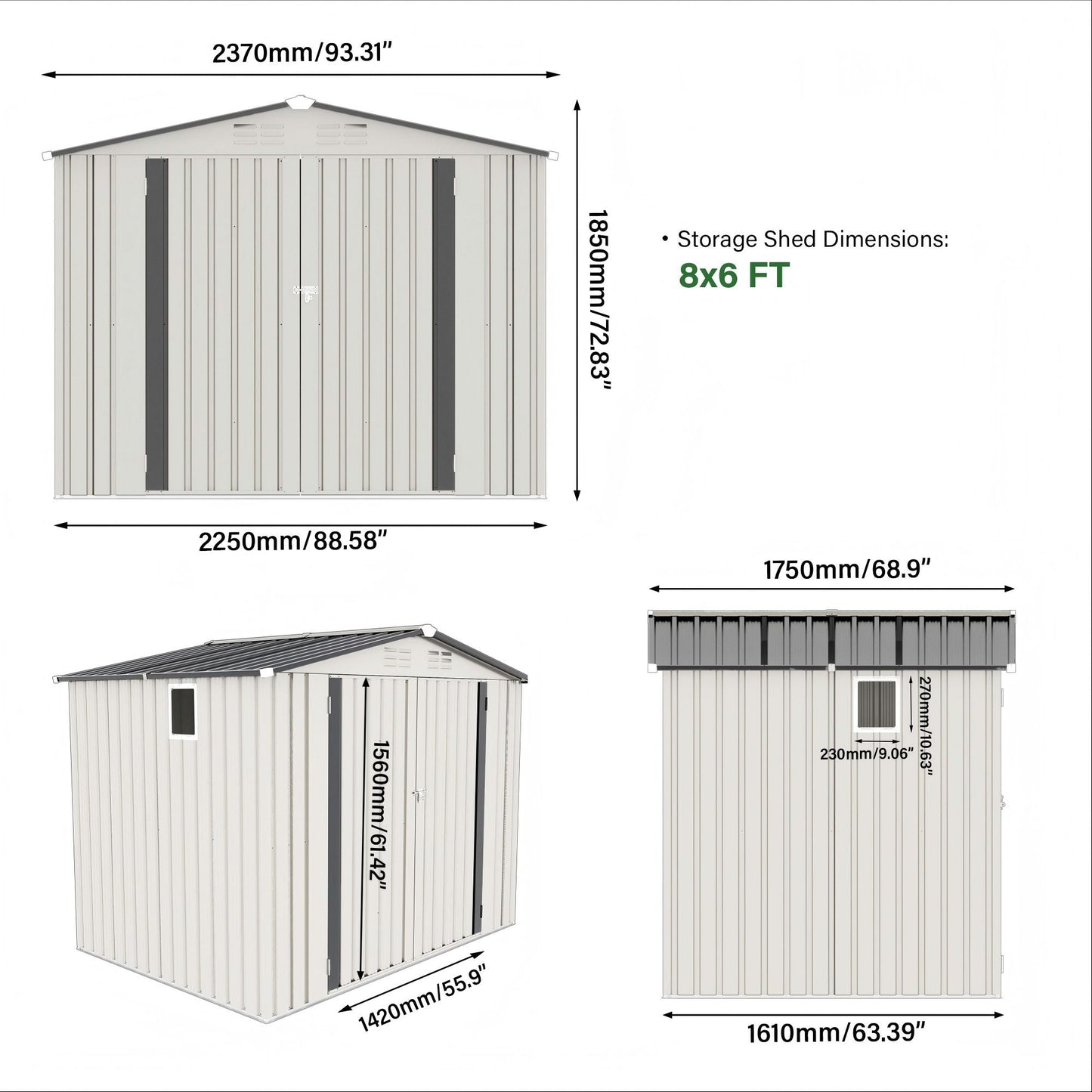 Outdoor Garden Storage Shed, Tool Shed With Pitched Roof Waterproof With 1 Window And 2 Lockable Door - White / Gray