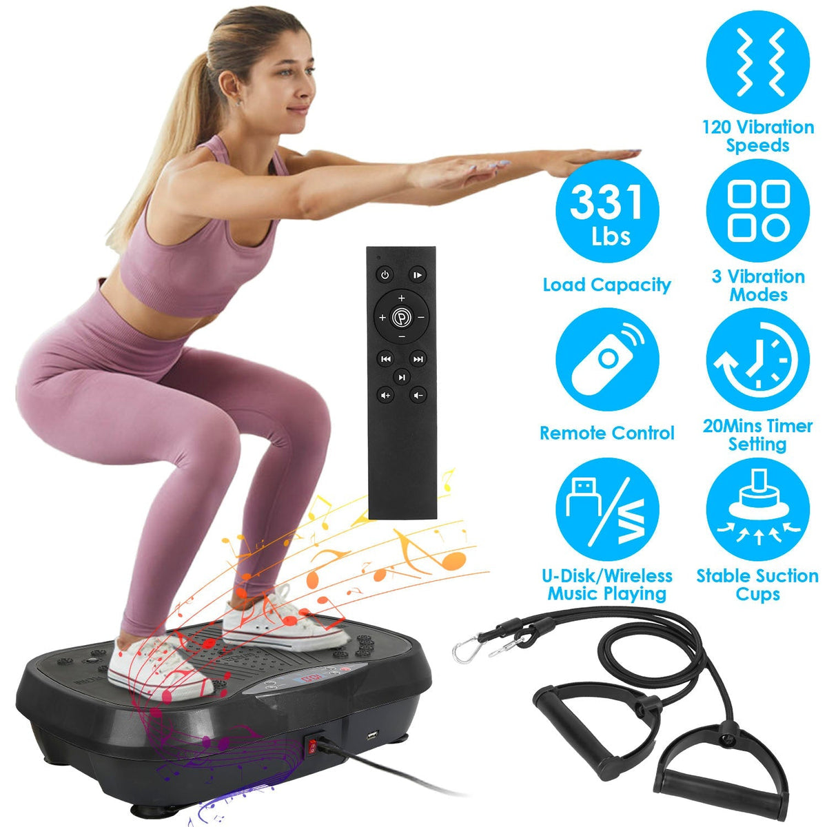 Vibration Exercise Machine Vibrating Plate Platform Whole Body Fitness Vibration Workout Equipment with 120 Speeds 1-20Mins Timer Resistant Bands Remo