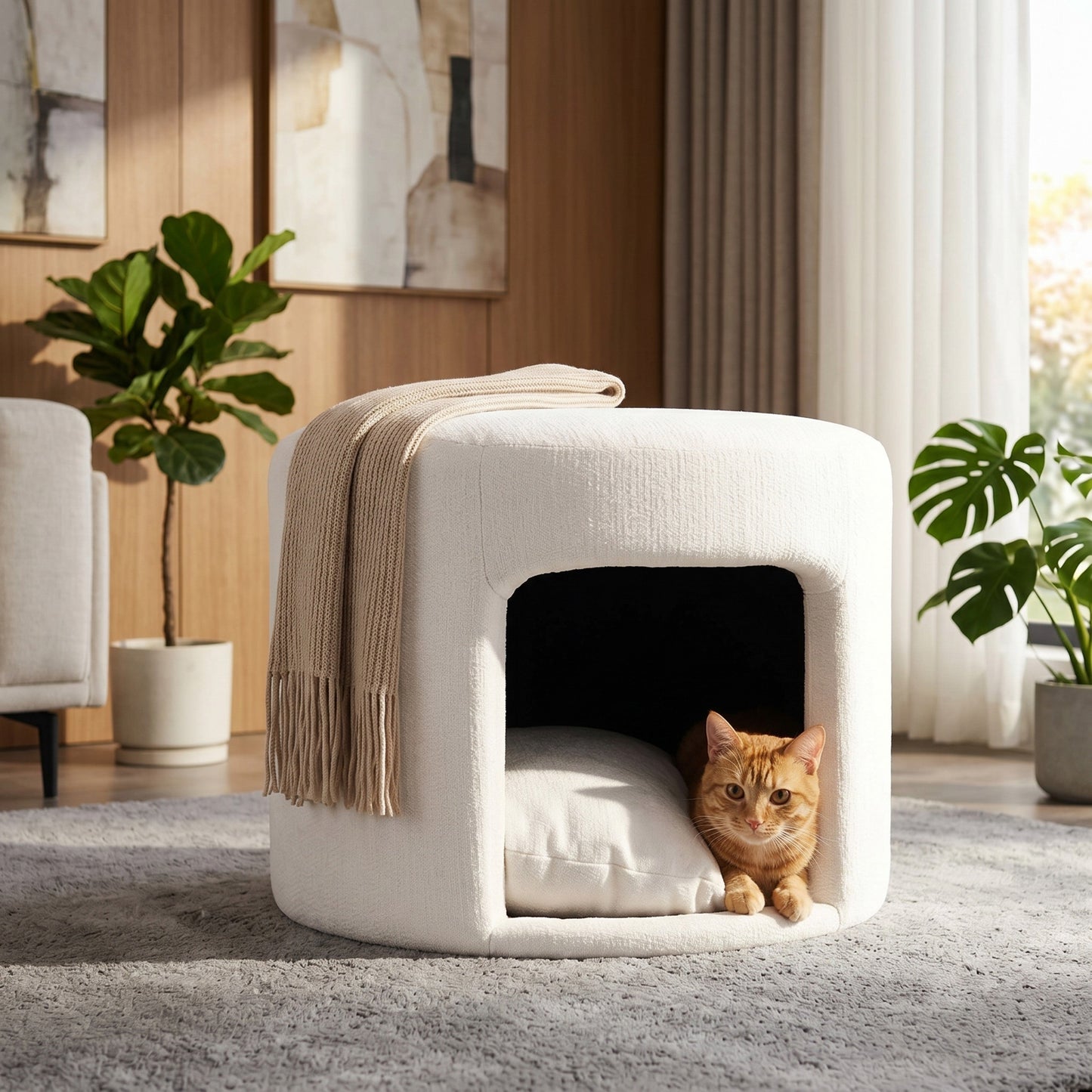 Beige Pet-Friendly Ottoman with Removable Pet Cushion and Hidden Nook