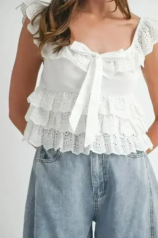 MABLE Eyelet Embroidered Front Tie Ruffle Top