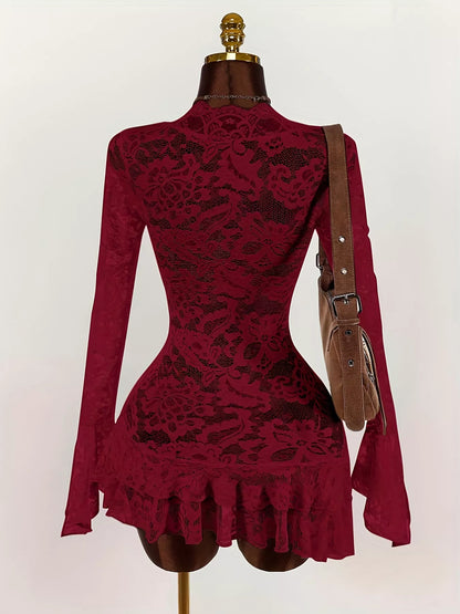 Lace V-Neck Long Sleeve Ruffled Blouse/Dress