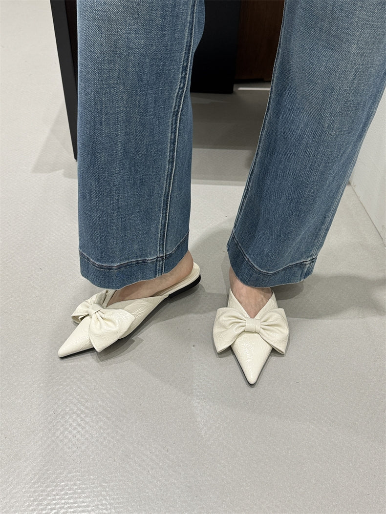 Women New Spring Summer Pointed Toe Bow V-Cut Mules, Elegant Flat Closed Toe Slide Sandals For Outdoor Wear