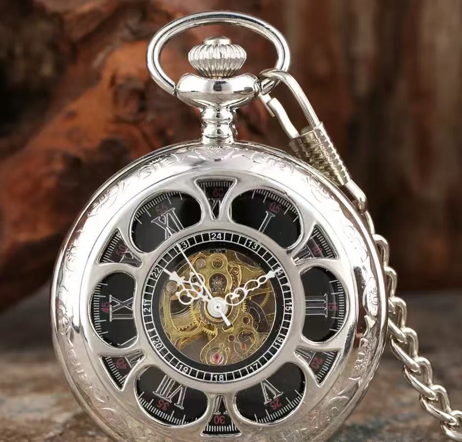 Gun-black Petal Blue-dial Mechanical Pocket Watch