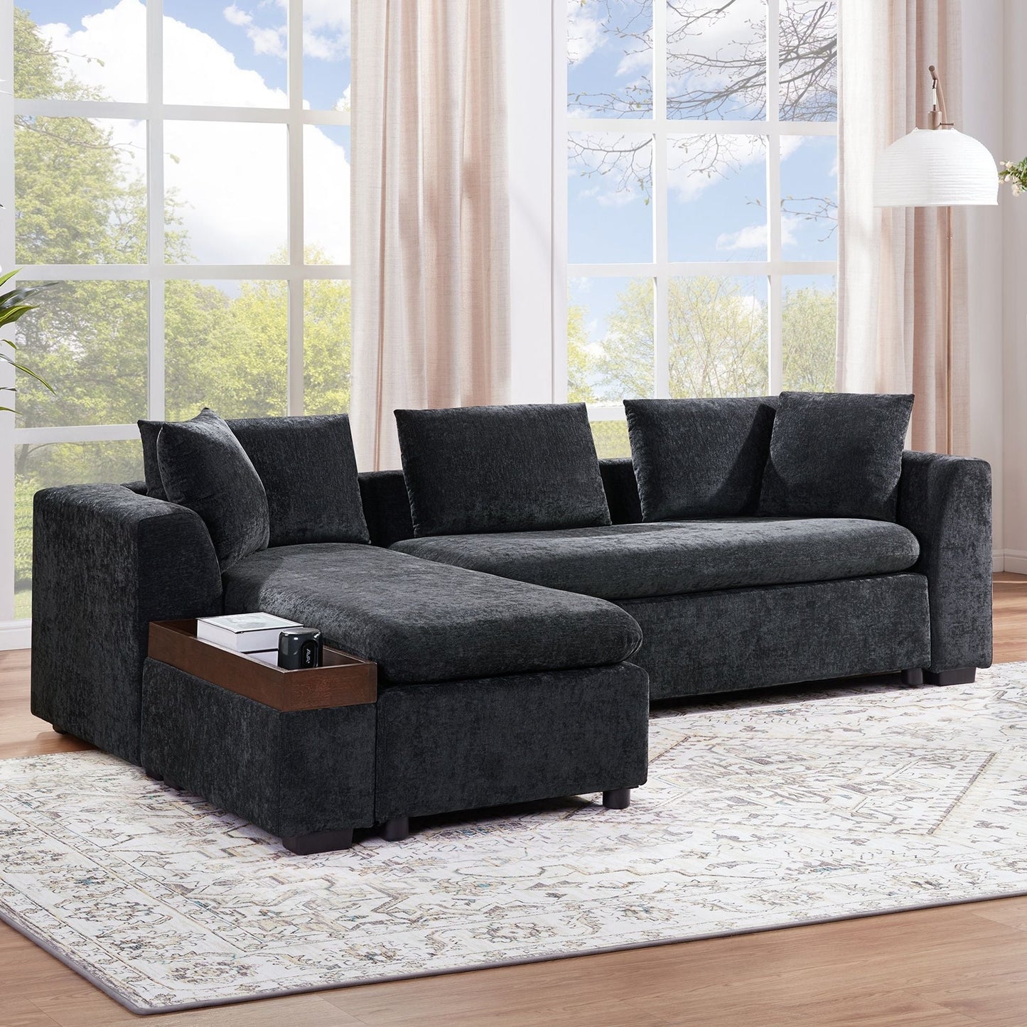 Modern L Shaped Sectional Sofa With Upholstery And Wooden Storage