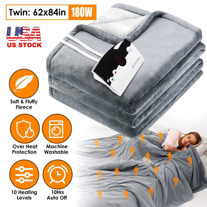 Electric Heated Twin Size Fleece Heated Blanket with 10 Heating Levels 10 Hours Auto Off Machine Washable for Home Office Usage 62x84in