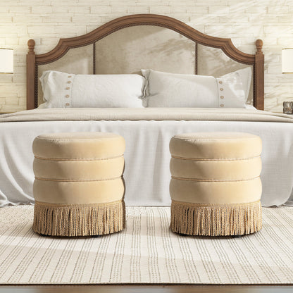 Edward 17.5" Round Upholstered Ottoman with Bullion Fringe