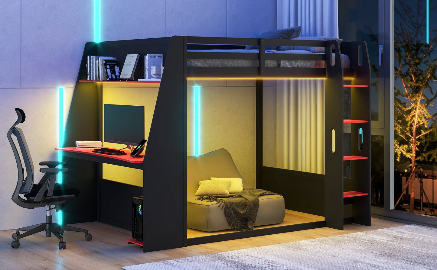 Full Size Wooden Gaming Bunk Bed with Desk, Two Storage Shelves, USB and LED Light