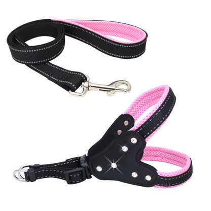 Comfortable Mesh Fabric Shiny Rhinestone Pet Hand Holding Rope Reflective Dog Breast Strap Vest Style