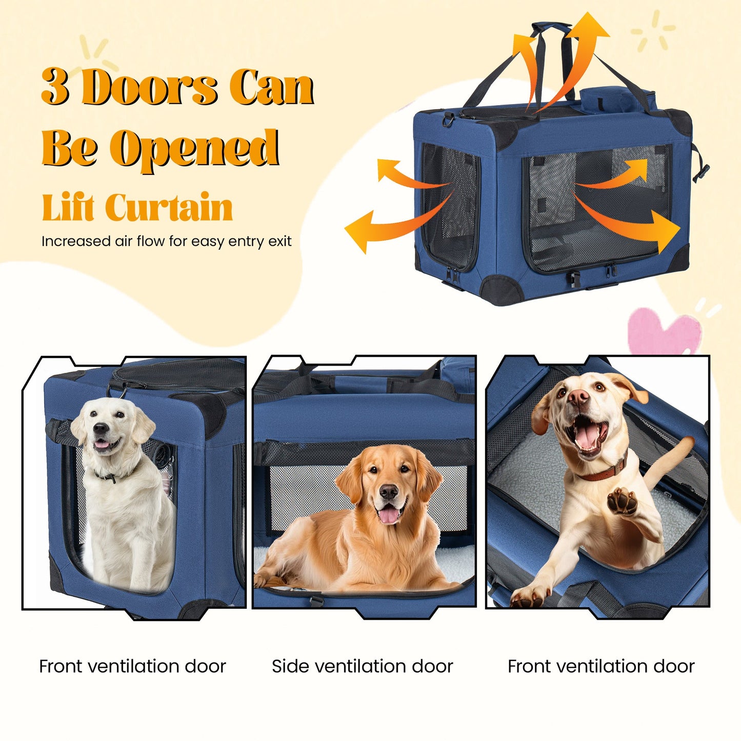40'' Soft Dog Crates Kennel with 3 Doors and Fleece Mat