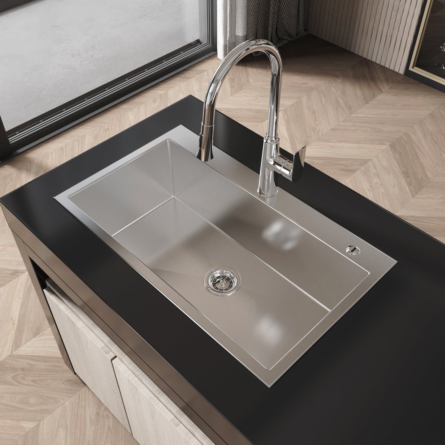 Stainless Steel Kitchen Sink, 32"x19" Single Bowl, Overmount Handmade Brushed Nickel