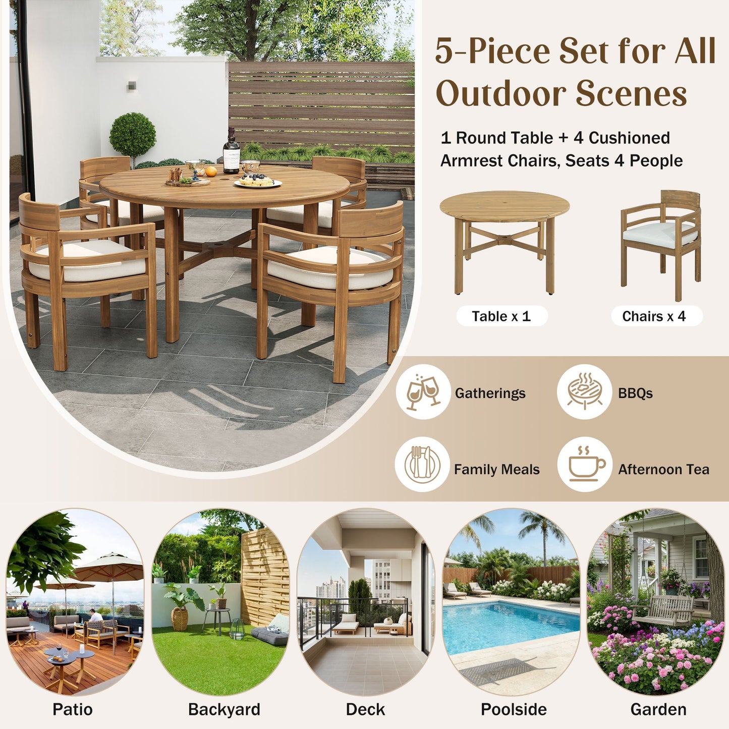 5 Piece Round Patio Table & Cushioned Armrest Chairs, Outdoor Dining Set With Umbrella Hole