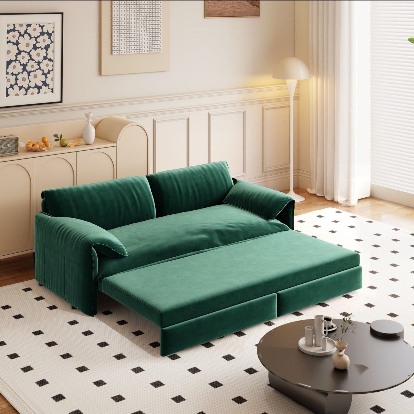 Queen Pull Out 3 In 1 Convertible Sleeper Sofa With Side Storage