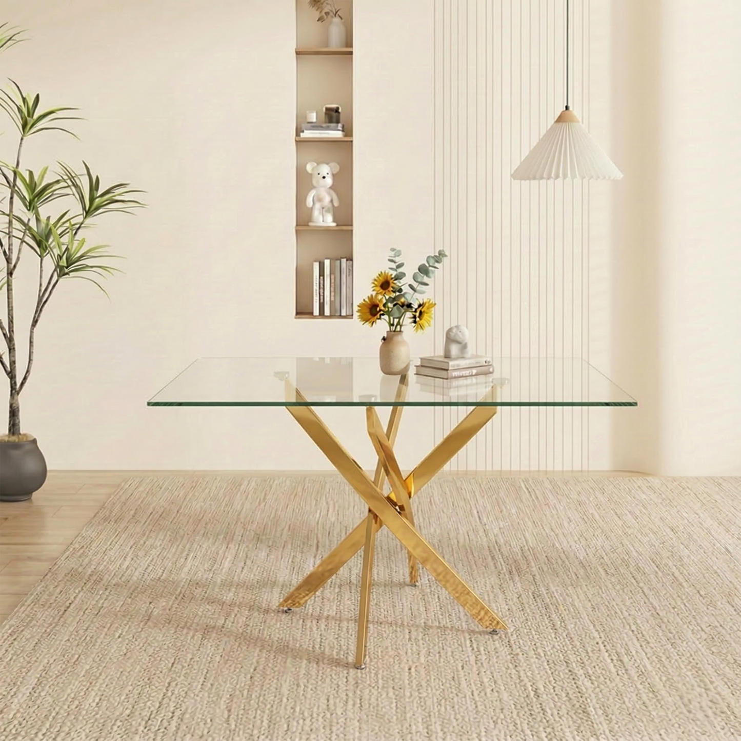 Rectangular Glass Dining Table with Gold-Plated Legs