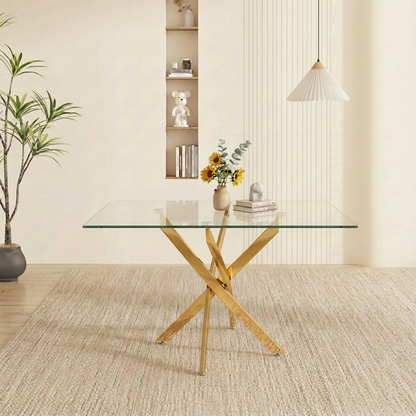 Rectangular Glass Dining Table with Gold-Plated Legs