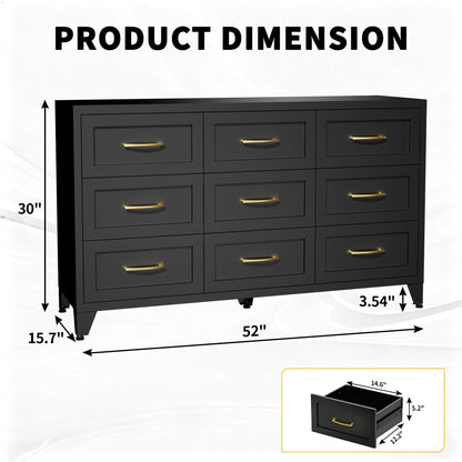 9 Drawer Dresser for Bedroom, Metal Profile Chest of Drawers