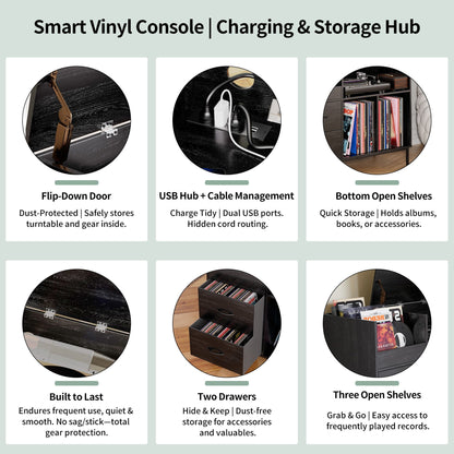 Eco-Friendly Vinyl Record Player Stand With Flip-Top Storage, Media Console With Dual Outlets And Dustproof Drawers