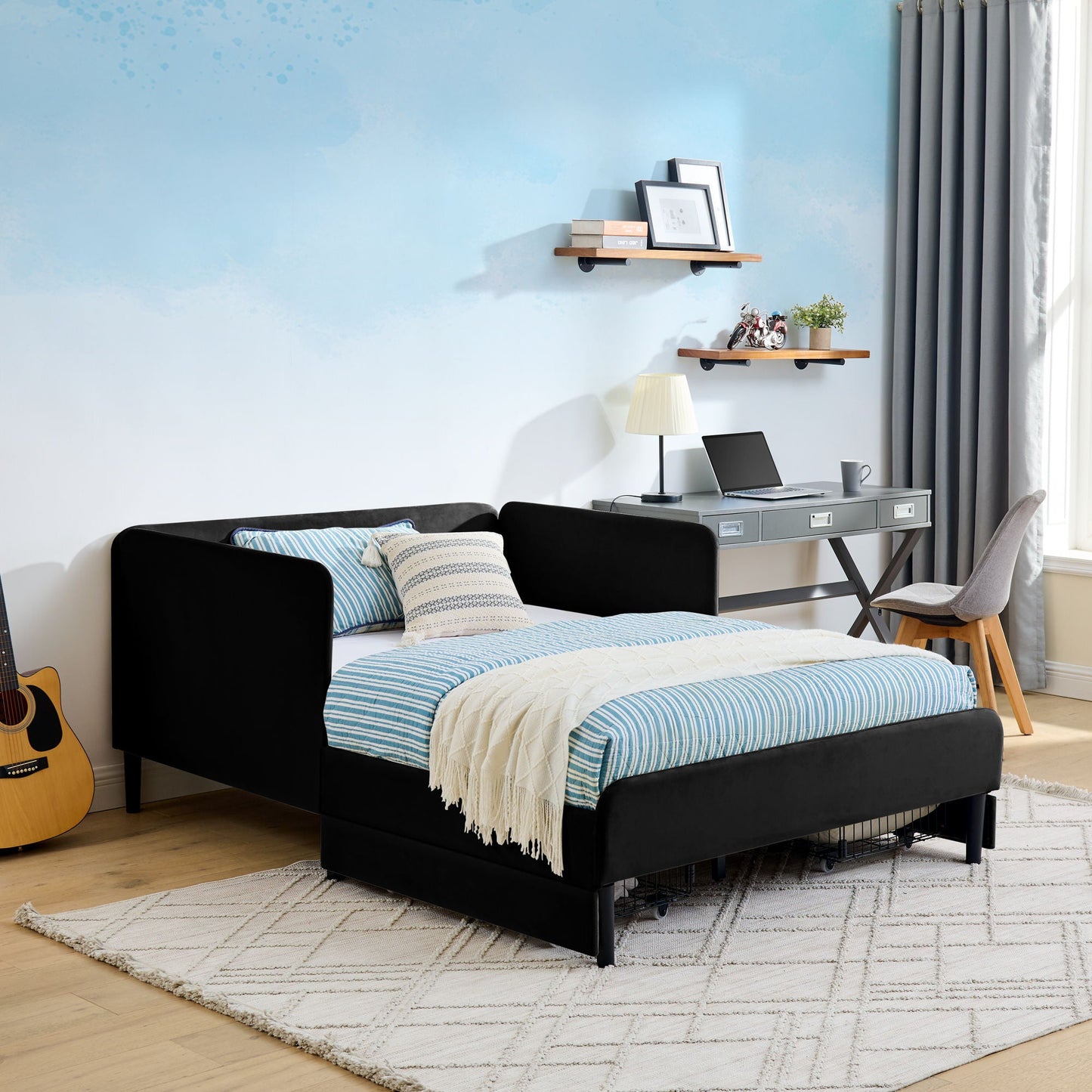 Upholstered Platform Bed Frame With 2 Storage Drawers And Adjustable Sofa Bed