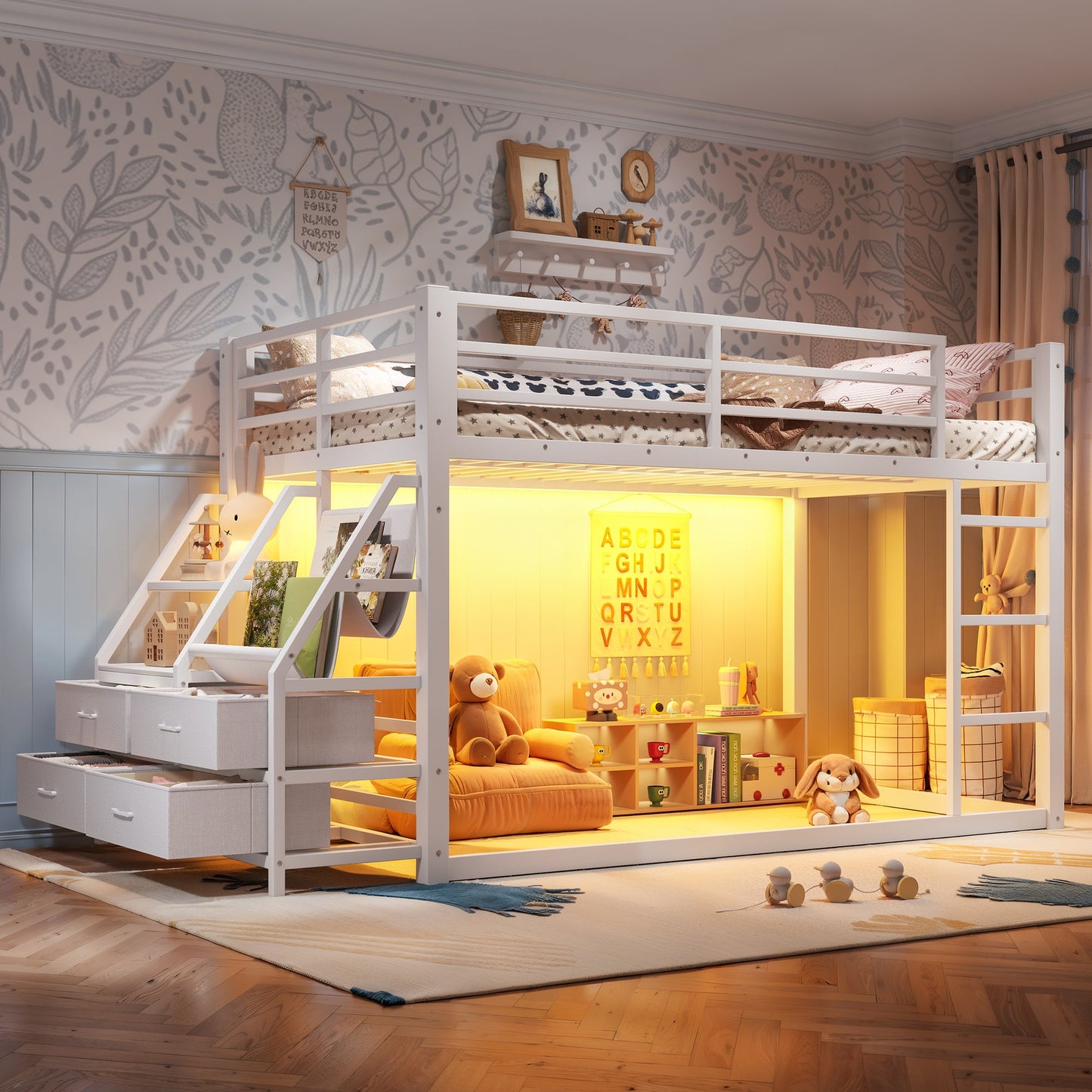 Twin Over Twin Bunk Bed with Storage Shelves and Drawers