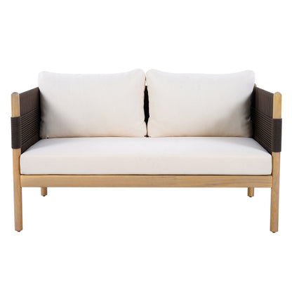 Outdoor Acacia Wood Loveseat with Diamond Rope Weave & Cushions, Light Teak