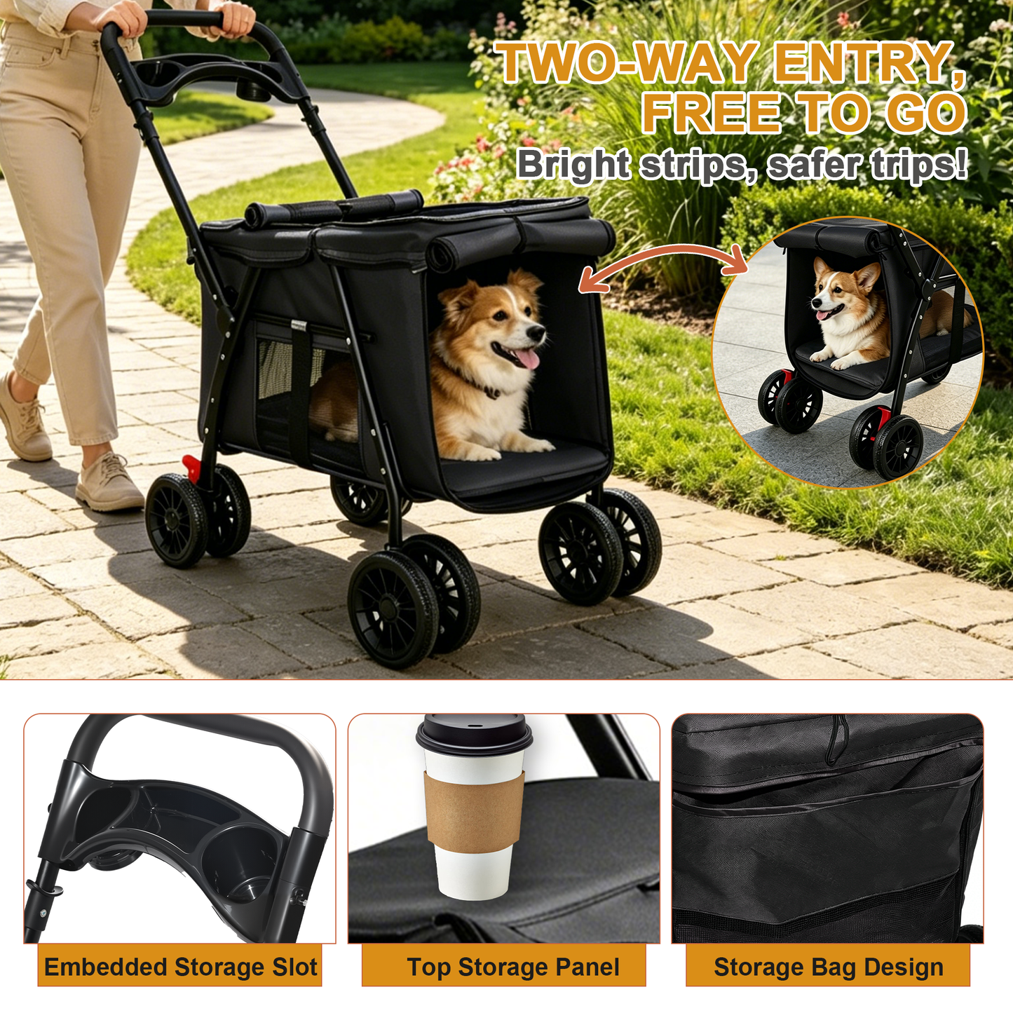 Pet Stroller Foldable 4-Wheel Design with Breathable Mesh