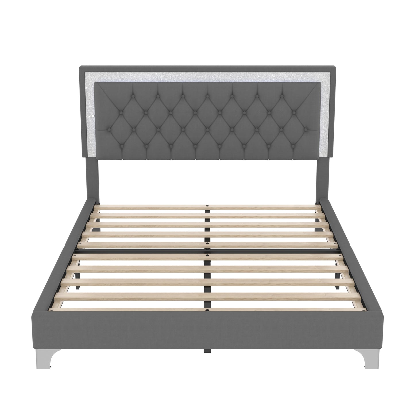 3-Pieces Bedroom Set, Queen Size Upholstered Platform Bed with LED Lights and Two Nightstands - Gray