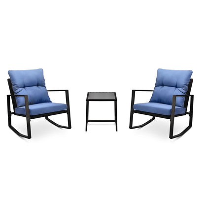3 Pieces Patio Bistro Set Outdoor Rocking Chair with Blue Cushion for Yard Garden Poolside