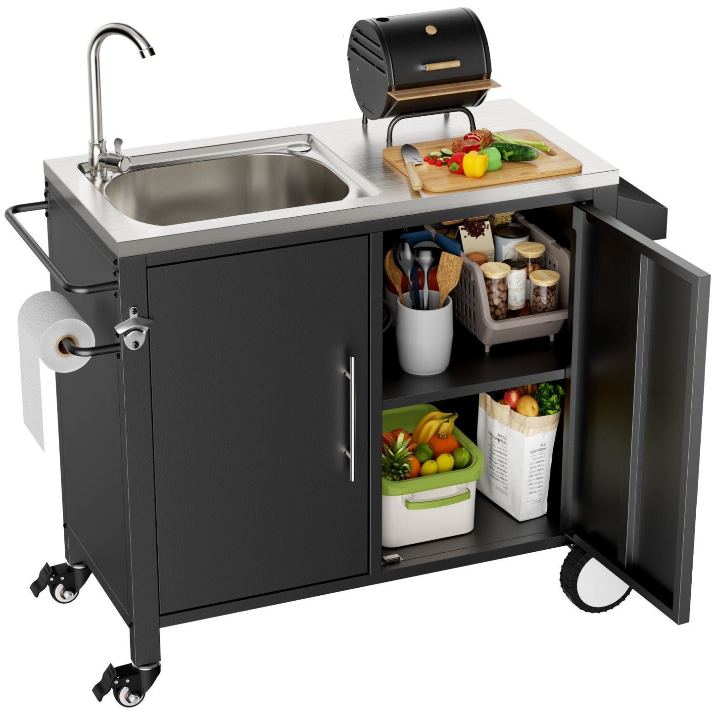 Outdoor Grill Table With Sink, Grill Cart With Sink And Cabinet With Wheels - Black / Silver