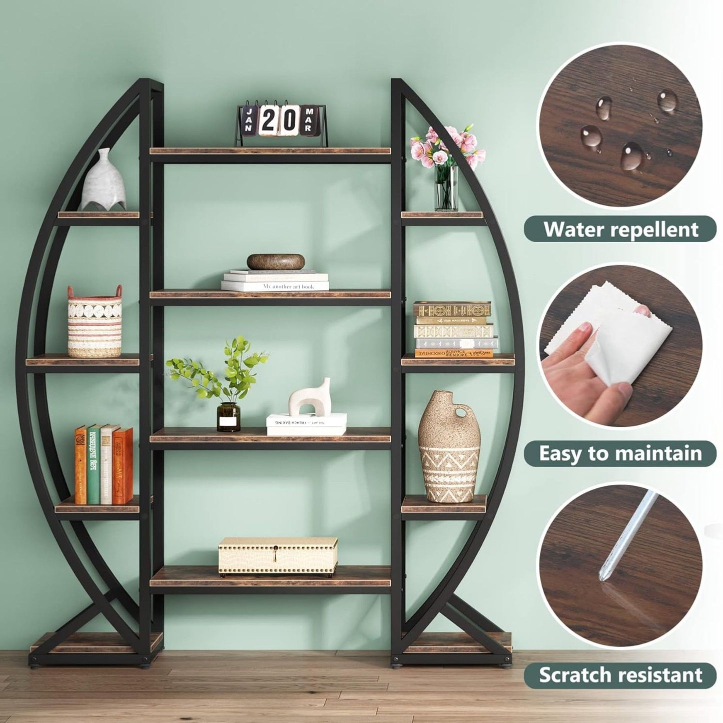 Triple Wide Oval Etagere Bookcase With Shelves For Living Room